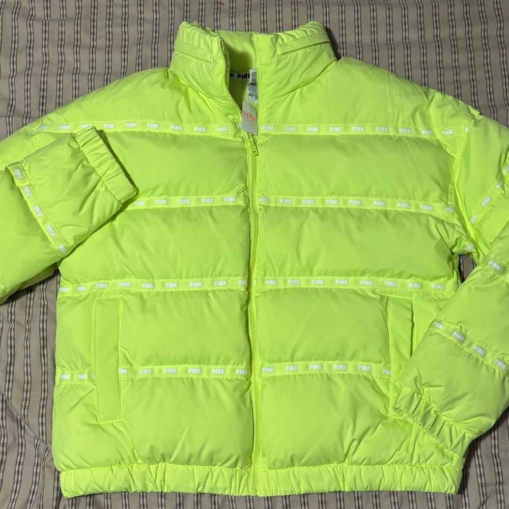 PINK Victoria's Secret Lime puffer jacket hidden hoodie medium Nwt y2k